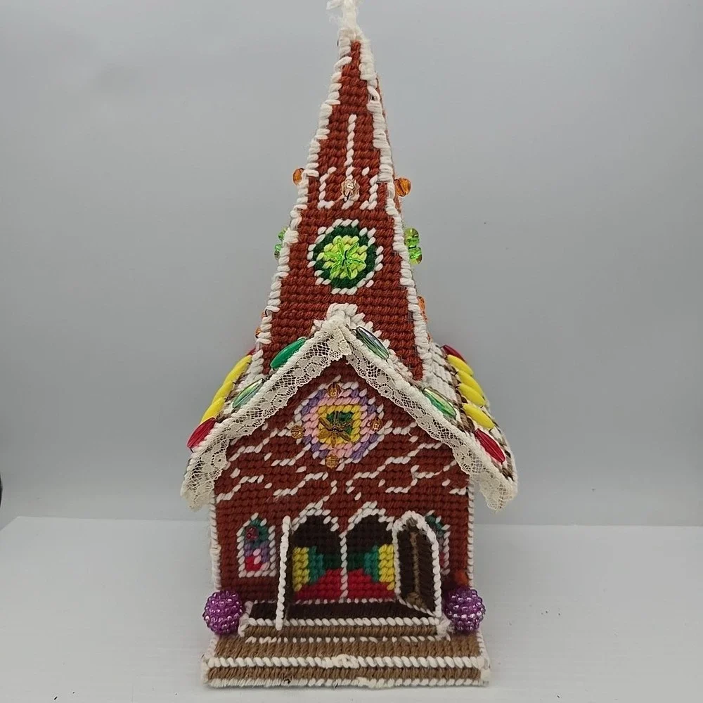 VTG Handmade‎ Plastic Canvas Needlepoint Gingerbread House Church Tan